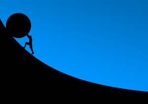 A vector image of a man rolling a huge boulder uphill as a metaphor of the resistance to writing some authors face.